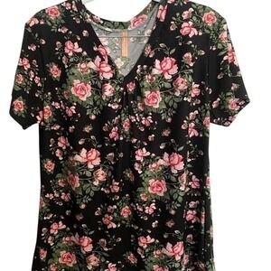 NWOT Liz & Lilli Cottagecore Floral Top Black Pink Short Sleeve Womens Large
